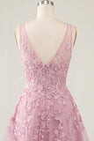 Vestido de bienvenida rosa rosa en V con escote en V y flores