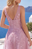 Vestido de bienvenida rosa rosa en V con escote en V y flores