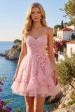 Vestido de bienvenida rosa rosa con tirantes finos y volantes