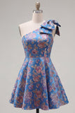 Vestido azul Jacquard de un solo hombro con flores de A-Line y lazo