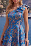 Vestido azul Jacquard de un solo hombro con flores de A-Line y lazo