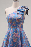 Vestido azul Jacquard de un solo hombro con flores de A-Line y lazo