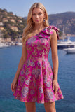 Vestido azul Jacquard de un solo hombro con flores de A-Line y lazo