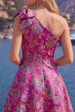 Vestido azul Jacquard de un solo hombro con flores de A-Line y lazo
