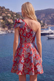 Vestido azul Jacquard de un solo hombro con flores de A-Line y lazo