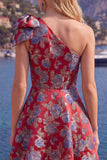 Vestido azul Jacquard de un solo hombro con flores de A-Line y lazo