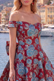 Vestido de bienvenida floral Jacquard negro de línea A con lazo