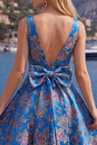 Vestido de bienvenida floral Jacquard rojo de cuello en V con lazo