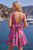 Vestido de bienvenida floral Jacquard rojo de cuello en V con lazo