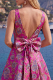 Vestido de bienvenida floral Jacquard rojo de cuello en V con lazo