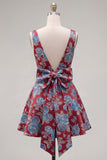 Vestido de bienvenida floral Jacquard rojo de cuello en V con lazo
