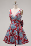 Vestido de bienvenida floral Jacquard rojo de cuello en V con lazo