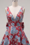 Vestido de bienvenida floral Jacquard rojo de cuello en V con lazo