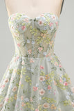 Green Sweetheart Sheer Corset A-Line Floral Homecoming Dress with Appliques