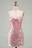 Vestido de bienvenida floral bodycon corsé rosa Sweetheart con aplicaciones