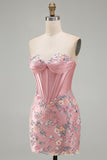 Vestido de bienvenida floral bodycon corsé rosa Sweetheart con aplicaciones