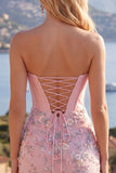 Vestido de bienvenida floral bodycon corsé rosa Sweetheart con aplicaciones