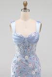 Vestido de Homecoming con corsé transparente azul con flor fruncido y apliques con abertura