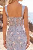 Vestido de Homecoming con corsé transparente azul con flor fruncido y apliques con abertura