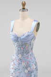 Vestido de Homecoming con corsé transparente azul con flor fruncido y apliques con abertura