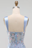 Vestido de Homecoming con corsé transparente azul con flor fruncido y apliques con abertura