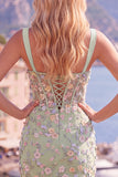 Vestido de Homecoming con corsé transparente azul con flor fruncido y apliques con abertura
