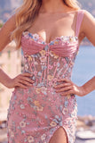 Vestido de Homecoming con corsé transparente azul con flor fruncido y apliques con abertura