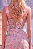 Vestido de Homecoming con corsé transparente azul con flor fruncido y apliques con abertura