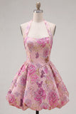 Vestido de bienvenida floral Jacquard de cuello en línea A en fucsia