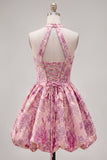 Vestido de bienvenida floral Jacquard de cuello en línea A en fucsia