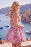 Vestido de bienvenida floral Jacquard de cuello en línea A en fucsia