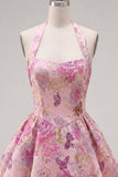 Vestido de bienvenida floral Jacquard de cuello en línea A en fucsia