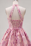 Vestido de bienvenida floral Jacquard de cuello en línea A en fucsia