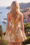 Vestido de bienvenida Jacquard con flores Jacquard amarillo sin tirantes y fruncidos