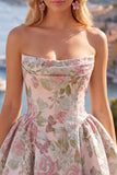 Vestido de bienvenida Jacquard con flores Jacquard amarillo sin tirantes y fruncidos
