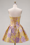 Vestido de bienvenida Jacquard con flores Jacquard amarillo sin tirantes y fruncidos