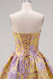 Vestido de bienvenida Jacquard con flores Jacquard amarillo sin tirantes y fruncidos