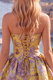 Vestido de bienvenida Jacquard con flores Jacquard amarillo sin tirantes y fruncidos