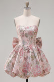 Vestido de bienvenida floral Jacquard rosa A-Line con lazo