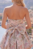 Vestido de bienvenida floral Jacquard rosa A-Line con lazo