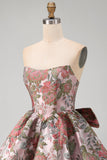 Vestido de bienvenida floral Jacquard rosa A-Line con lazo
