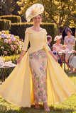 Vestido largo de madre de la novia color bodycon color amarillo bodycon mangas 3/4