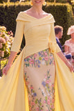 Vestido largo de madre de la novia color bodycon color amarillo bodycon mangas 3/4