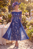 Vestido de madre de la novia azul marino con flojos en línea A y líneas en A descubierto con mangas de 3/4