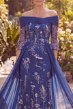 Vestido de madre de la novia azul marino con flojos en línea A y líneas en A descubierto con mangas de 3/4