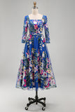 Vestido midi midi floral midi azul real azul A-Line