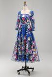 Vestido midi midi floral midi azul real azul A-Line
