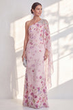 Vestido largo de sirena de gasa de un hombro con larga capa lateral