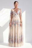 Vestido largo de mamá de la novia floral floral en línea A con escote en V y mangas largas