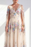 Vestido largo de mamá de la novia floral floral en línea A con escote en V y mangas largas